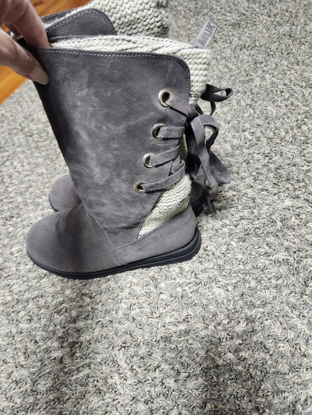 Muk Luks Gray Knit-Trim Lace-Back Winter Boots